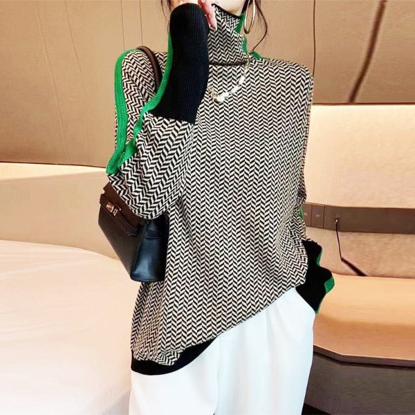 Beatriz Suéter de cuello alto con rayas contrastantes llamativas
